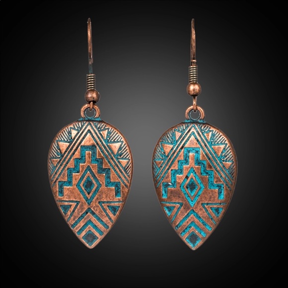 Jewelry - Blue patina copper tribal design dangle earrings
